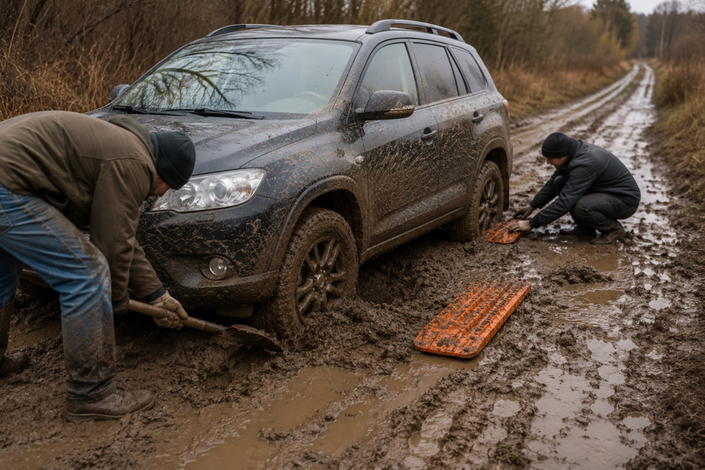 SUV stuck in deep mud on a rural road while two people use a shovel and traction boards to safely recover the vehicle from muddy terrain.