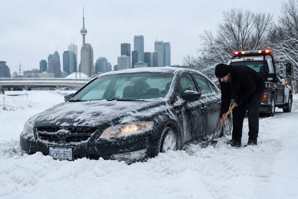 Car stuck in snow on a winter road in Canada with a tow truck providing roadside recovery assistance during heavy snowfall