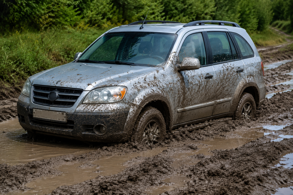 4x4 SUV stuck in deep muddy terrain with wheels buried in wet soil, showing common causes of vehicles getting trapped in mud during off-road driving.